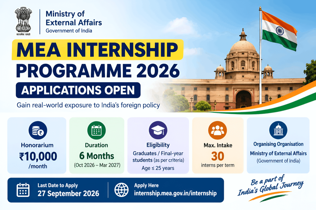 A poster containing information related MEA Internship 2026 Applications Open Until Sep 27