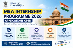 A poster containing information related MEA Internship 2026 Applications Open Until Sep 27