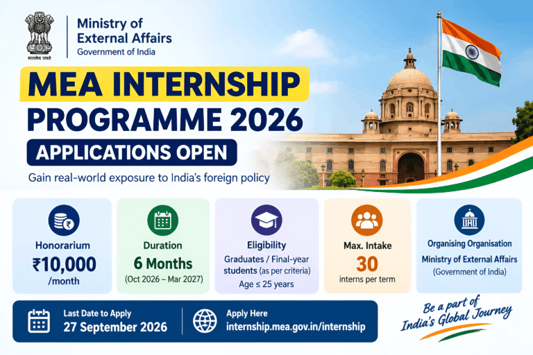 A poster containing information related MEA Internship 2026 Applications Open Until Sep 27